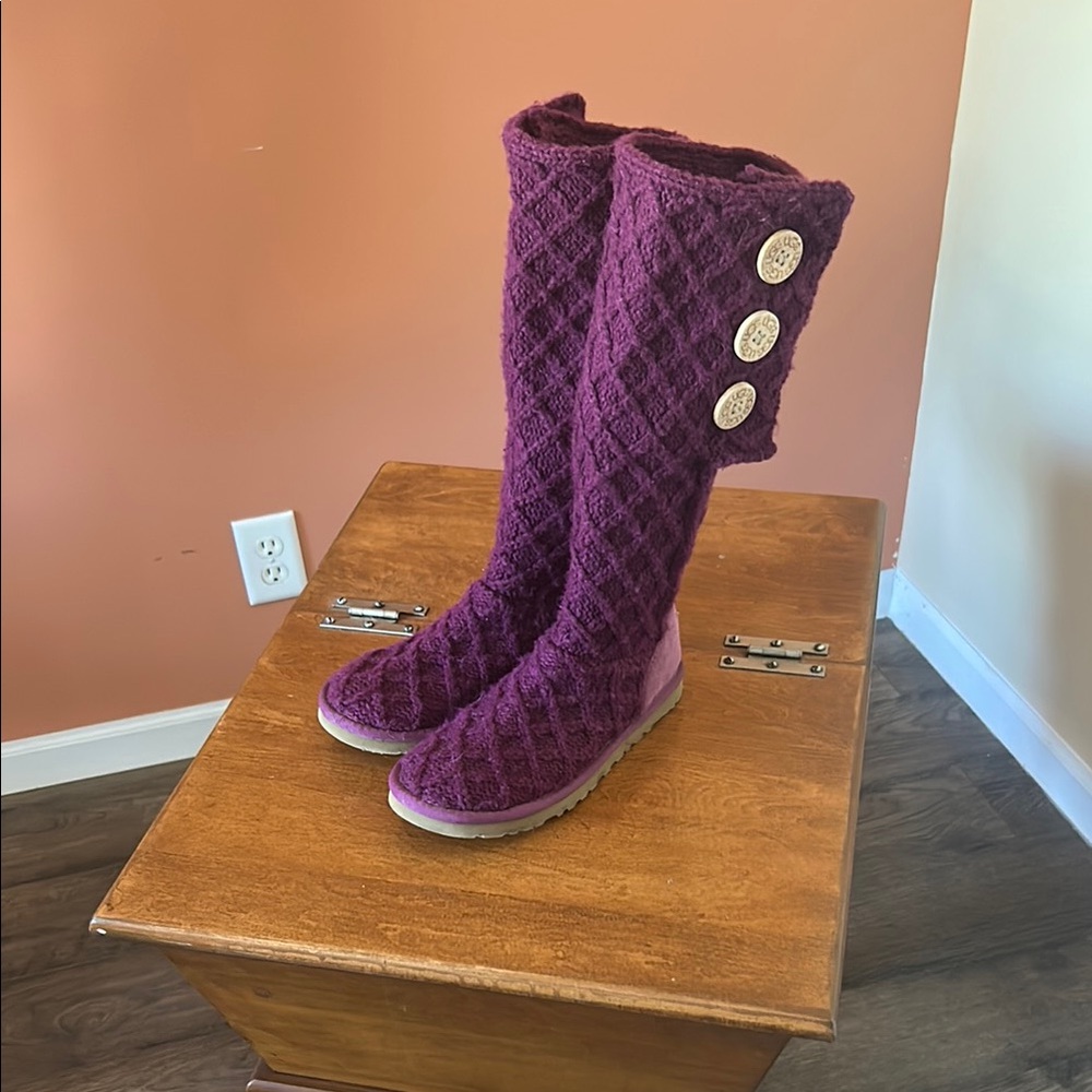 UGG cable knit faux button fuchsia boots